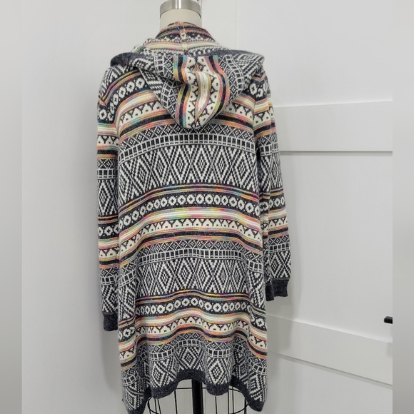 Monteau Los Angeles Hooded Intarsia Knit Duster Cardigan Front Pockets Size M - Picture 4 of 9